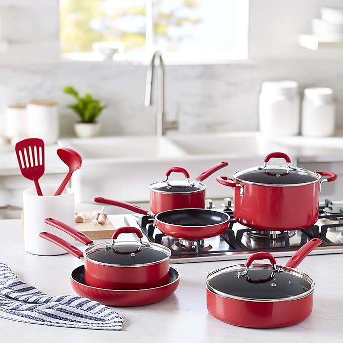 Amazon Basics Aluminum Non-Stick Cookware Set, Oven Safe, Dishwasher Safe, Stay-Cool Handles, 12-Piece, Red - Image 6