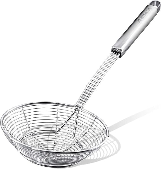 Anaeat Stainless Steel Spider Strainer Skimmer - Solid Kitchen Strainer Ladle with Long Handle for Cooking and Frying, Reinforced Double Coil Slotted Spoons for Pasta, Noodle, Spaghetti (5.5 Inch)