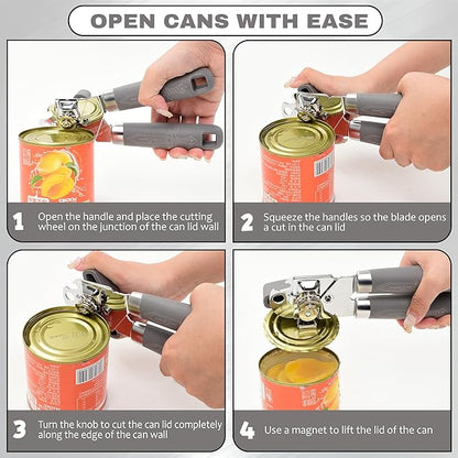 Manual Can Opener with Magnet, Heavy Duty Hand Can and Bottle Opener with Stainless Steel Blade and Rubber Grip, Smooth Cutting Hand Can Openers for Senior, Magnetic Lid Remover Kitchen Tool (Gray)