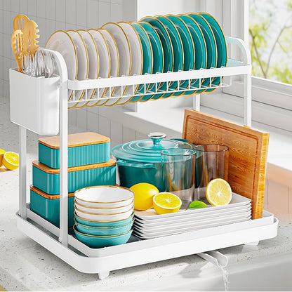 Sakugi 2-Tier Dish Drying Rack - Stainless Steel Dish Rack with Cutlery & Utensil Holders for Kitchen Counter, Sink Organization and Storage for Small Family, 15" W x 11.4" L x 15" H, White by Sakugi