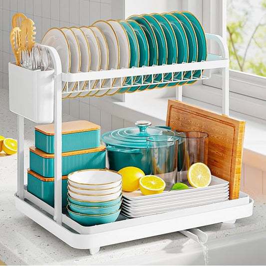 Sakugi 2-Tier Dish Drying Rack - Stainless Steel Dish Rack with Cutlery & Utensil Holders for Kitchen Counter, Sink Organization and Storage for Small Family, 15" W x 11.4" L x 15" H, White by Sakugi