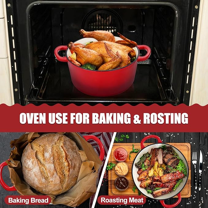 P&P CHEF 5Qt Dutch Oven Pot for Bread Baking (Red), 2 In 1 Round Cast Iron Dutch Oven with Lid Set, Skillet & Pot for Roasting Braising Stewing Frying Simmering, Multi Stoves & Oven Safe - Image 6