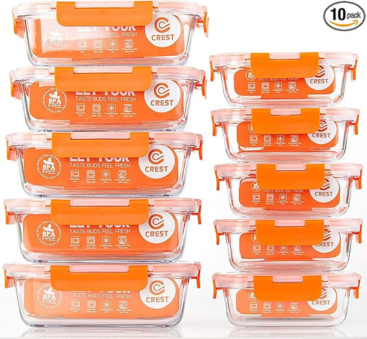 C CREST [10-Pack] Glass Food Storage Containers - Food Prep Containers with Lids - Microwave, Oven, Freezer and Dishwasher Safe by CCREST