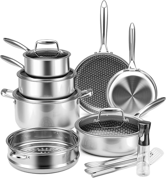 VONIKI Hybrid Tri-ply Stainless Steel Cookware Set, Pots And Pans Set Non Stick with Steamer Basket, Non Toxic Induction Cookware, Kitchen Cookware Sets PFOA & PTFE Free, Dishwasher and Oven Safe by VONIKI