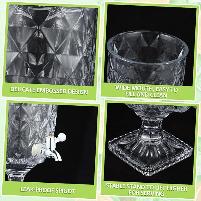 Bokon 2 Pieces Drink Dispensers for Parties Crystal Iced Beverage Dispenser with Stand and Spigot, Glass Liquid Containers Wide Mouth Beverage Server for Juice Tea Wedding(Delicate) - Image 7