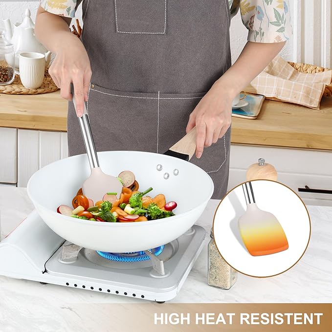 LIANYU 15 Pcs Kitchen Cooking Utensils Set with Holder, Silicone Kitchen Tools with Stainless Steel Handle, Heat Resistant Gadgets, Brush Spatula Spoon Whisk for Cookware, Dishwasher Safe, Khaki - Image 4
