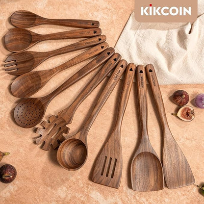 Kikcoin 10 PCS Durable Natural Teak Wooden Cooking Utensil Set, Non Toxic Wooden Spoons for Cooking, Wooden Utensil Set for Cooking with Comfort Grip, Nonstick & Easy to Clean Wood Kitchen Utensil Set - Image 8
