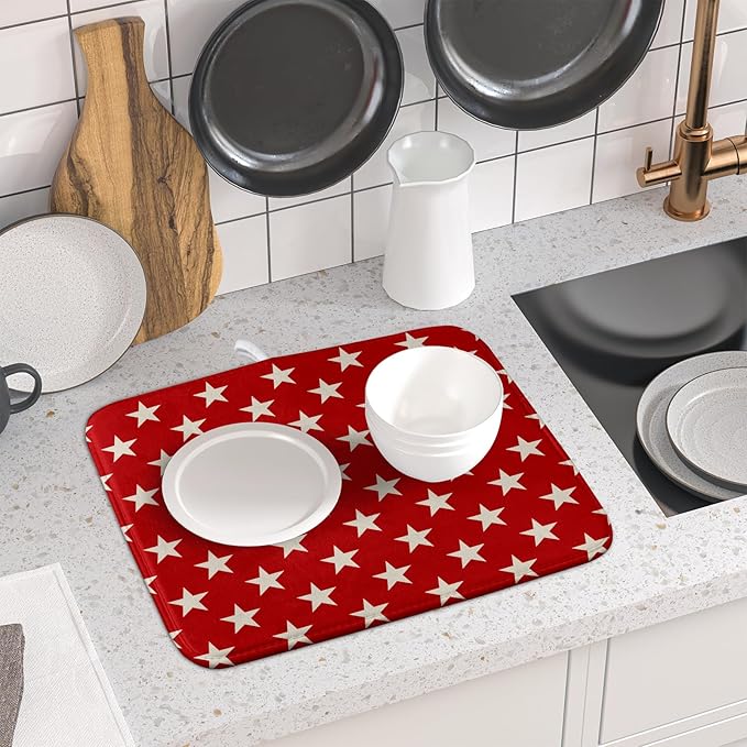Patriotic July of 4th Red Star Dish Drying Mat for Kitchen Counter 16x18 Memorial Independence Day Absorbent Reversible Microfiber Drying Mats Kitchen Countertop Protector Dishes Drainer Rack Pad - Image 6