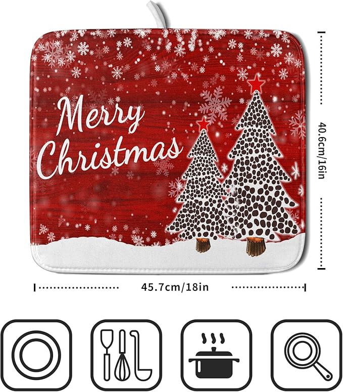 Merry Christmas Tree Red Dish Drying Mat for Kitchen Counter,Winter Snowflake Pine Drying Mat 16 x 18 Inch with Absorbent Reversible Microfiber Dish Drying Pad for Coffee Bar - Image 2
