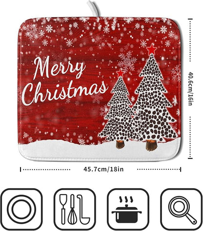 Merry Christmas Tree Red Dish Drying Mat for Kitchen Counter,Winter Snowflake Pine Drying Mat 16 x 18 Inch with Absorbent Reversible Microfiber Dish Drying Pad for Coffee Bar - Image 2