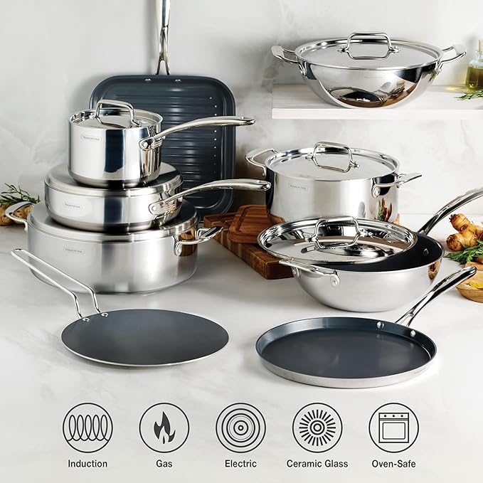 Tramontina Utsava Tri-Ply Clad Stainless Steel 2.9-Quart Saute Pan with Lid and Ceramic Non Stick Interior, Induction-Ready Cooking Pan