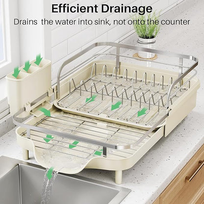 SNTD Dish Drying Rack, Expandable Dish Rack for Kitchen Counter, Stainless Steel Dish Drainer with Drainboard Set and Utensil Holder (Beige) - Image 4