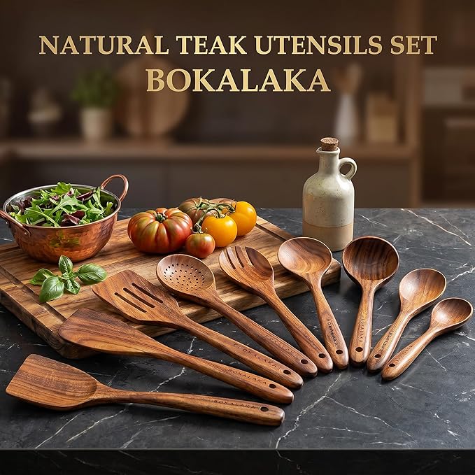 Wooden Spoons for Cooking,10 Pcs Natural Teak Wooden Kitchen Utensils Set Wooden Utensils for Cooking Wooden Cooking Utensils Wooden Spatulas for Cooking (10) - Image 5