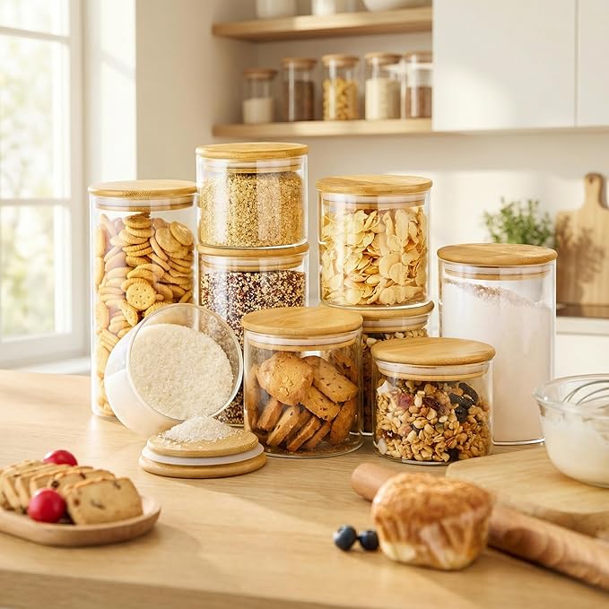 32oz - 4 Pack Glass Jars with Bamboo Lids, Glass Pantry Storage Containers with Airtight Lids, Round Air Tigh Food Storage Canisters for Cereal, Pasta, Flour, Sugar, Rice, Best for Kitchen Organizer - Image 6