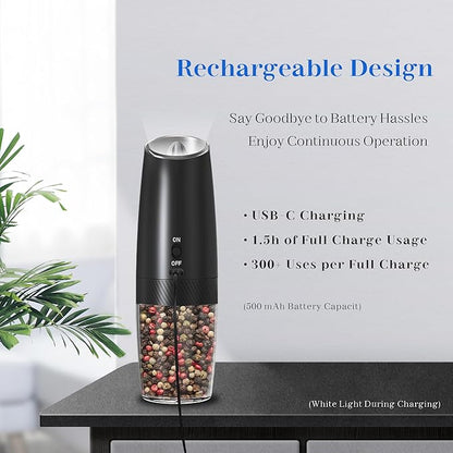 UNNEES Rechargeable Electric Salt and Pepper Grinder Set, Gravity Activated, Adjustable Coarseness, LED Light, USB Charging, Ceramic Core, 150ml Transparent Hopper, Black - Image 3