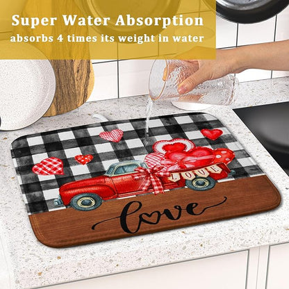 Valentine's Day Red Heart Truck Dish Drying Mat for Kitchen Counter,Black White Buffalo Plaid Love Drying Mat 16 x 18 Inch with Absorbent Reversible Microfiber Dish Drying Pad for Coffee Bar - Image 7