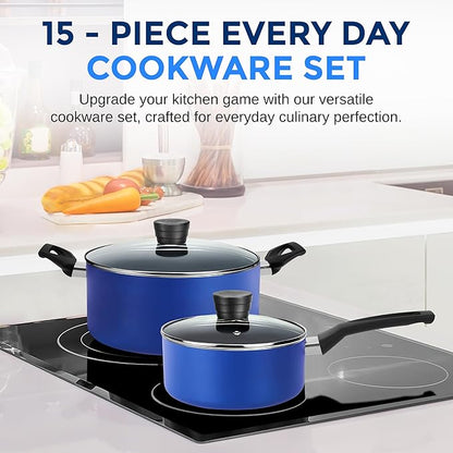 SereneLife 15-Pc Blue Nonstick Cookware Set, Heat-Resistant Pots & Pans Set with Lids, Dishwasher Safe, Includes Matching Utensils - Image 2