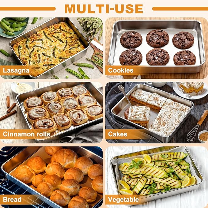 Stainless Steel Baking Pan with Lid, 12⅓ x 9¾ x 2 Inch Deep Rectangle Cake Pans with Cover for Cakes, Brownies, Cookies, Deep Side & Heavy Duty,Dishwasher & fridge & Oven Safe(2 Pans + 2 Lids) - Image 5