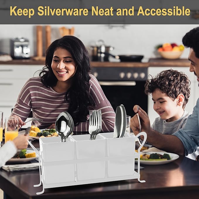 ECOIOU Cutlery Holder with Drain Holes, Silverware Caddy for Party, kitchen counter, 3pcs Bins Set Countertop Utensil Holder for Spoons, Forks and Knives, White - Image 2