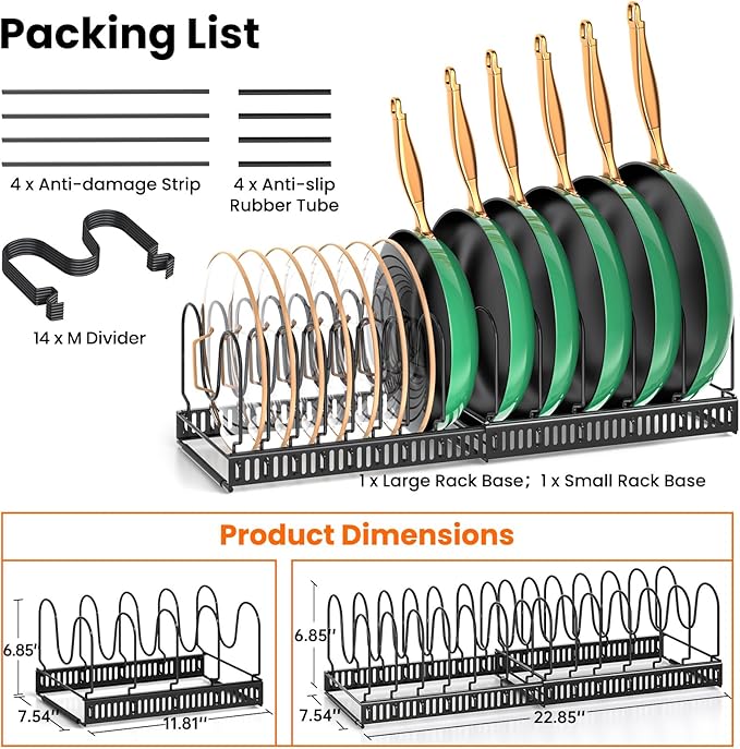 MUDEELA Pots and Pans Organizer Rack for under Cabinet, Expandable Pot Lid Kitchen Cabinet Organizer Holder with 14 Adjustable Compartment Cutting Board Organizer for Pan Lid, Bakeware - Image 7