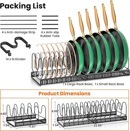 MUDEELA Pots and Pans Organizer Rack for under Cabinet, Expandable Pot Lid Kitchen Cabinet Organizer Holder with 14 Adjustable Compartment Cutting Board Organizer for Pan Lid, Bakeware - Image 7