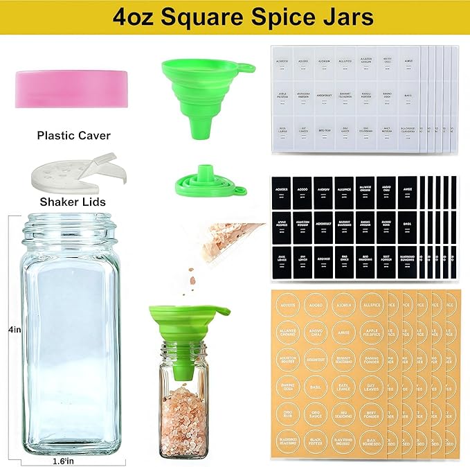 24 Glass Spice Jars with Label-4oz Spice Containers with Lids and Shaker Lids,3 Sets of Spice Labels 1 Collapsible Funnel 2 Erasable Markers (24) - Image 4