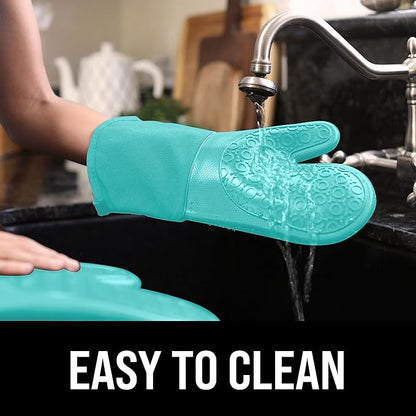 BPA-Free Soft Silicone Oven Mitts - Ultra Heat Resistant Oven Mitts with Thick Cotton Liner - Long Slip Resistant Pot Holders, Flexible Oven Gloves - Turquoise 13.7" - Image 6