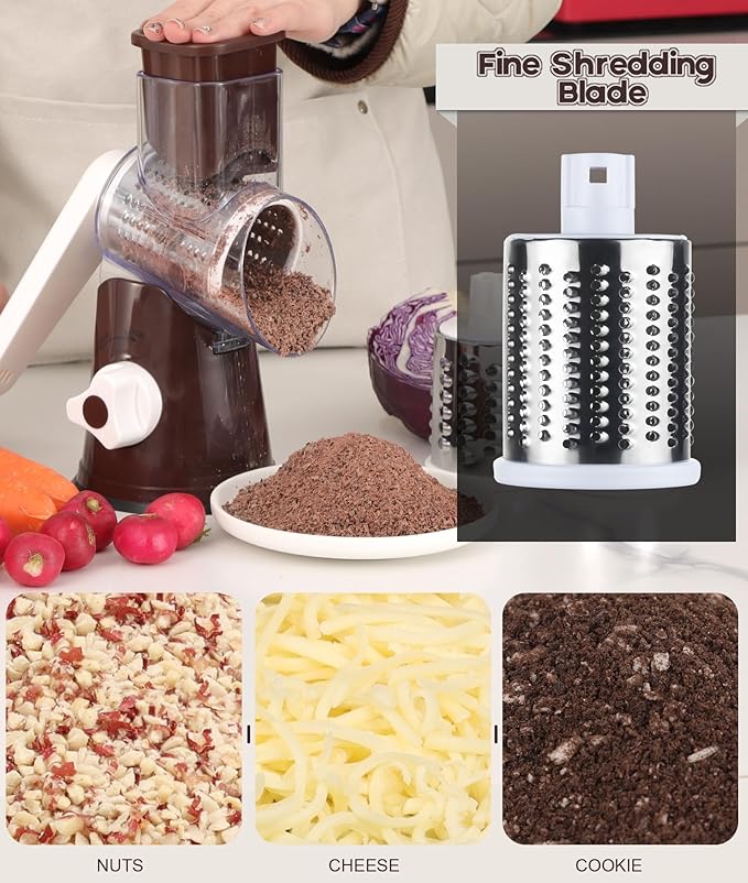 Ourokhome Rotary Cheese Grater Hand Crank, Kitchen Shredder Speed Mandolin Slicer Nut Grinder with Handle and Drum Blades for Cheese, Vegetable, Walnuts, Chocolate, Potato, Carrot,3 Blades, Coffee - Image 5