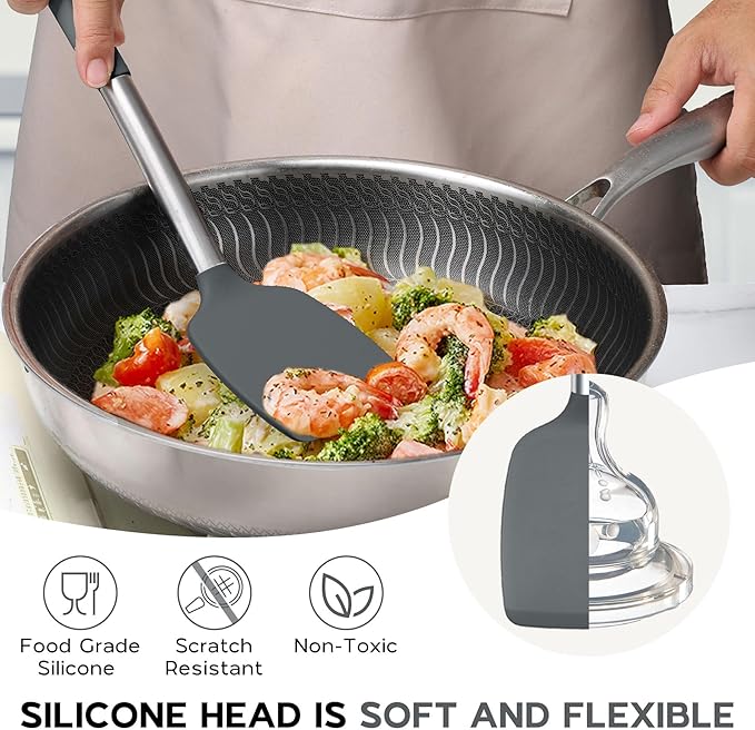 Onader Kitchen Cooking Utensils Set of 15, Silicone and Stainless Steel Utensils Spatula Set with Holder, Heat Resistant & Dishwasher Safe - Grey - Image 7