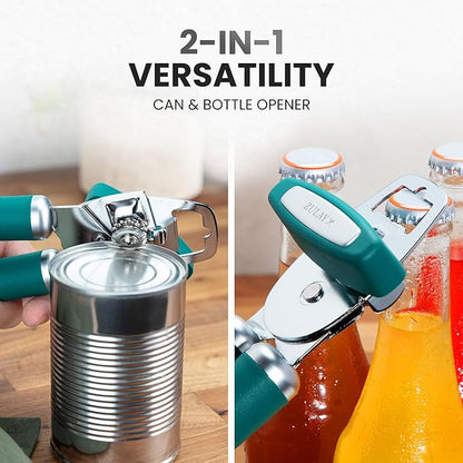 Zulay Kitchen Heavy Duty Stainless Steel Can Opener Manual with Bottle Opener - Rust Proof Manual Can Opener With Turn Knob & Comfy Soft Grip Handles - Emerald - Image 7