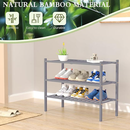 ROMGUAR CRAFT 3 Tier Bamboo Shoe Rack for Closet Free Standing Wood Shoe Shelf Storage Organizer for Entryway Small Space Stackable 27"x11"x20" (Grey) - Image 6