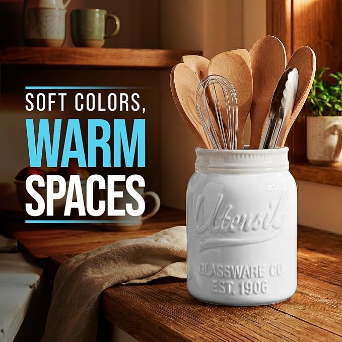 Comfify Wide Mouth Mason Jar Utensil Holder Decorative Kitchenware Organizer Crock - Perfect Cookware Gift - White, Large Size 5.4x6.75 - Image 5
