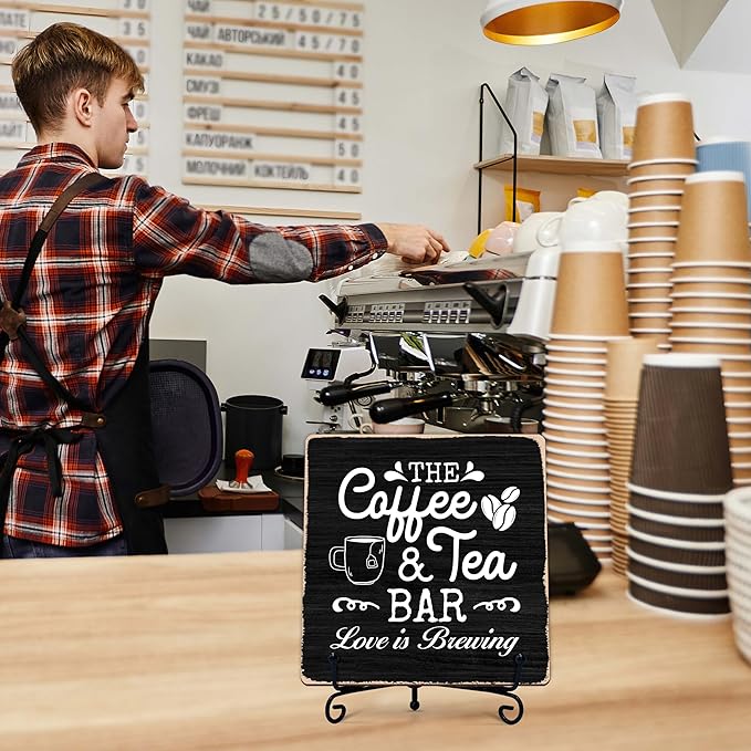 Coffee Bar Sign, Love is Brewing Farmhouse Tabletop Decor, Coffee and Tea Lover Gifts, 5x5 Wood Plaque with Iron Stand for Home Kitchen Cafe, Coffee Bar Decor – L01 - Image 6