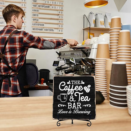 Coffee Bar Sign, Love is Brewing Farmhouse Tabletop Decor, Coffee and Tea Lover Gifts, 5x5 Wood Plaque with Iron Stand for Home Kitchen Cafe, Coffee Bar Decor – L01 - Image 6