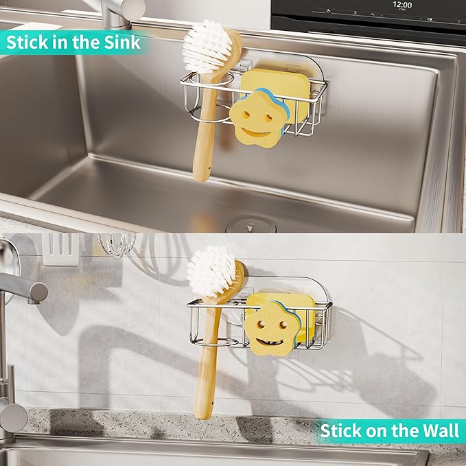HapiRm Sink Caddy Sponge Holder - No Drill Kitchen Sink Organzier with Smiley Face Sponge Holder, Rustproof and Waterproof Kitchen Organizer - Silver - Image 4