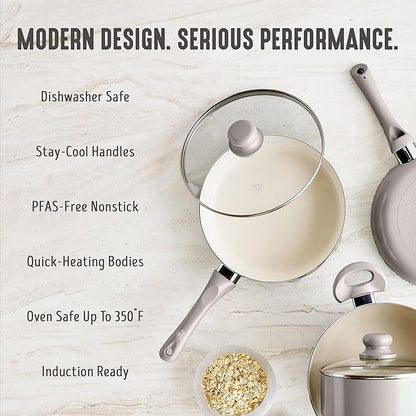 GreenLife 16-Piece Nonstick Cookware Set, Non-Toxic Ceramic Pots and Pans Set, Durable Healthy Kitchen Essentials, Fast Heating, Induction Ready, Easy Clean Dishwasher Safe, PFAS-Free, Light Gray