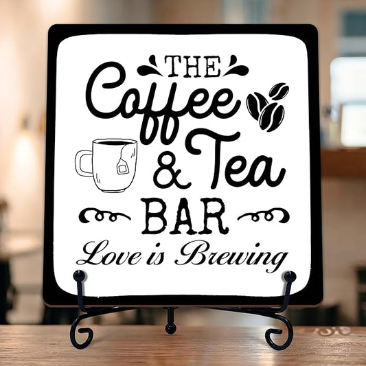 Coffee Bar Sign, Love is Brewing Farmhouse Tabletop Decor, Coffee and Tea Lover Gifts, 5x5 Wood Plaque with Iron Stand for Home Kitchen Cafe, Coffee Bar Decor – L06 by TIRYWT