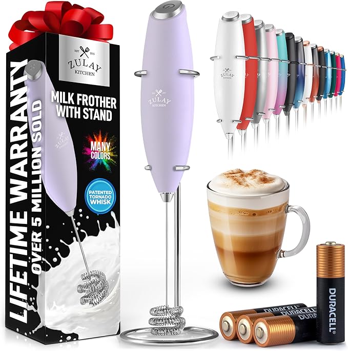 Zulay Kitchen Patented Tornado Triple Whisk Milk Frother with 4 Duracell Batteries – Handheld Foam Maker for Coffee, Lattes, Matcha & Hot Chocolate – Rich, Creamy Froth in Seconds - Lilac by ZulayKitchen