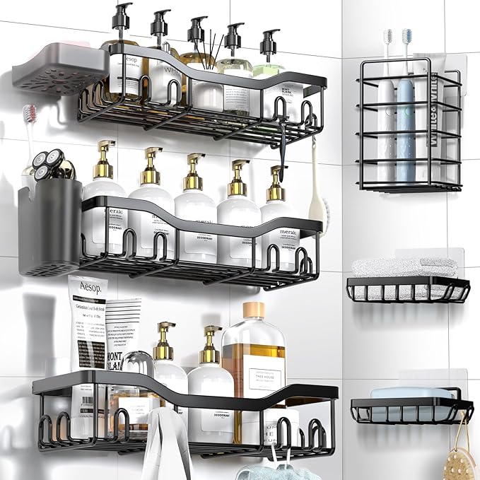 NESOMI Shower Caddy Adhesive Shower Organizer 8-Pack, Rustproof Stainless Steel Bathroom Shelves, Large Capacity No-Drill Rack Storage Accessories with Soap Dish Toothbrush Holder Hooks by OrganizeYourHomeEssentials