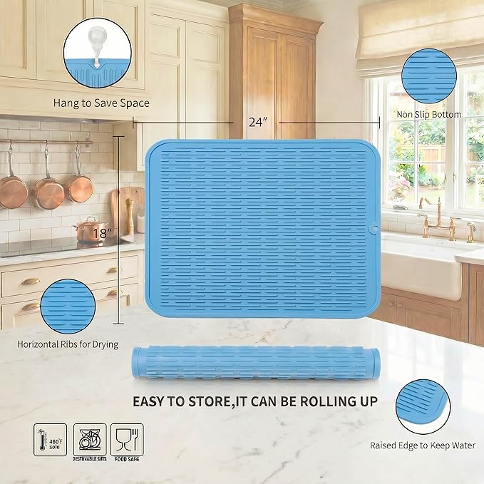 MicoYang Silicone Dish Drying Mat for Multiple Usage,Easy clean,Eco-friendly,Heat-resistant Silicone Mat for Kitchen Counter or Sink,Refrigerator or Drawer Liner Light Blue 2XL 24 inches x 18 inches - Image 2