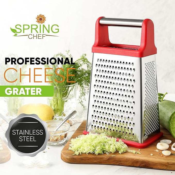Spring Chef Professional Cheese Grater - Stainless Steel 4 Sided Box Grater for Kitchen, XL Size - Perfect Shredder for Parmesan Cheese, Carrot, Potato, Ginger - Dishwasher Safe - Red - Image 2