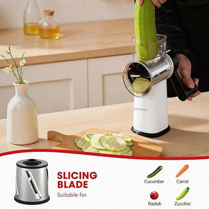 Rotary Cheese Grater Hand Crank with Foldable Handle, 3 Stainless Steel Blades, Perfect Graters for Kitchen, Manual Cheese Shredder Hand Crank with Suction Base, Rotary Grader (White)