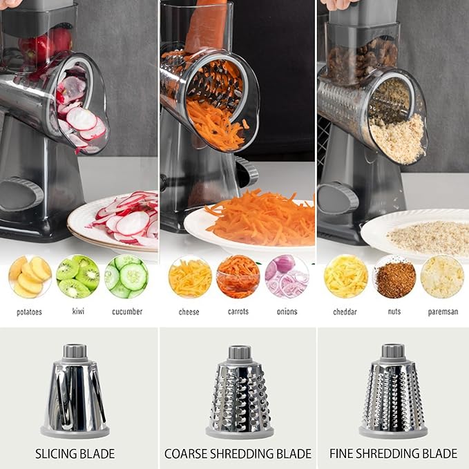 Cheese Grater Hand Crank Rotary Vegetables Shredder with Handle, 3-in-1 Graters with Interchangeable Blades and Non-slip Base Multifunctional Slicer for Kitchen - Image 2