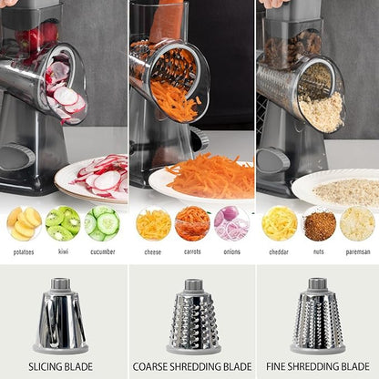 Cheese Grater Hand Crank Rotary Vegetables Shredder with Handle, 3-in-1 Graters with Interchangeable Blades and Non-slip Base Multifunctional Slicer for Kitchen - Image 2