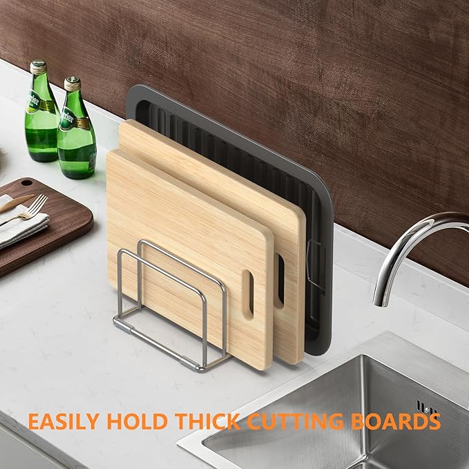 KORRTFID Cutting Board Holder Stand, Chopping Board Storage Rack, Cutting Board Organizer, 304 Stainless Steel Chopping Board Holder, Cookie Sheets Organizer 1.0+1.2 Inch Width Slots (2 PCS) - Image 5