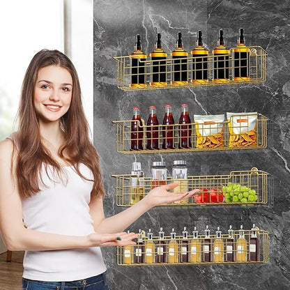 Spice Rack, 4-Pack Seasoning Organizer Wall Mount for Kitchen Storage Organization, Spice Holder Shelf Saving Space for Cabinet, RV, Pantry, Gold - Image 2