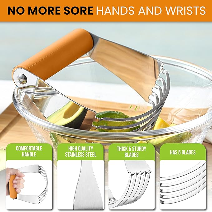 Spring Chef Large Dough Blender For Baking, Professional Dough Cutter Tool, Stainless Steel Puff Pastry Cutter Tool with Sharp Blades, Manual Pastry Blender for Easy Mixing - Dishwasher Safe - Mango - Image 4