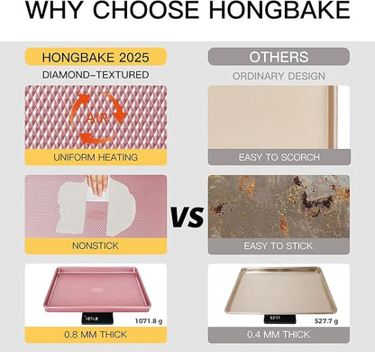 HONGBAKE Baking Sheet Pan Set, Cookie Sheets for Oven, Nonstick Half/Quarter/Jelly Roll Pans with Diamond Texture Pattern, Heavy Duty Cookie Tray, Pink - Image 4