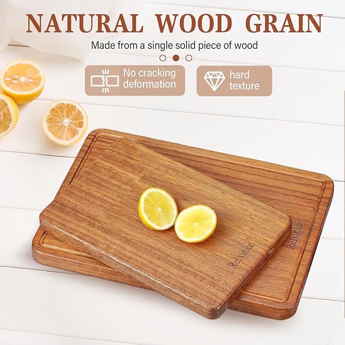 Solid Teak Wood Cutting Board Set One Piece Non Glued Large Thick Crack Resistant Wooden Chopping Board with DeepJuice Grooves Built in Handles for Kitchen Meat Bread 16.9x11.8IN &11.8*7.9IN
