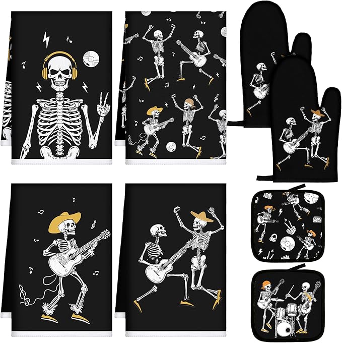 Leinuosen 8 Pcs Skull Kitchen Decor Set Kitchen Towels Gothic Oven Mitts and Pot Holders Skeleton Hand Dish Towels Horror Oven Mitts for Home Decoration Party Gifts (Modern Color,Music) by Leinuosen